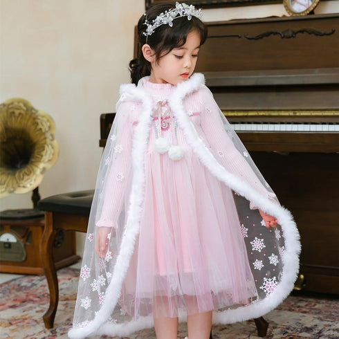 Girls' Winter Princess Dress Children's Mesh Dress Cloak Two-Piece sweater dress